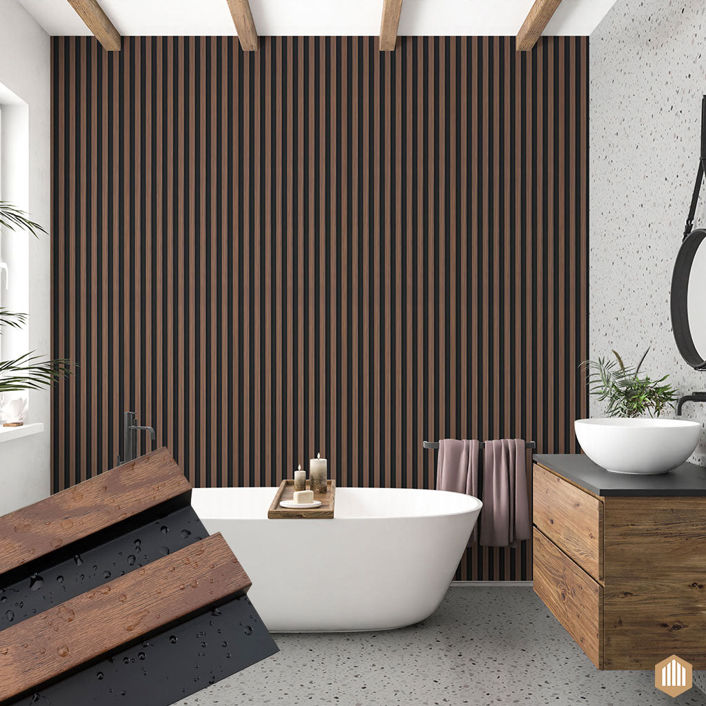 Panneau Tasseau Hydrofuge effet Chêne Brun - Fond noir - Acoupanel™